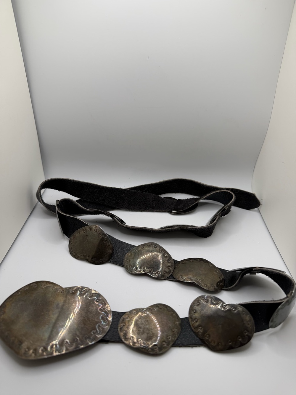 México Vintage Heart Disk Leather Belt Real Silver Tone Accent